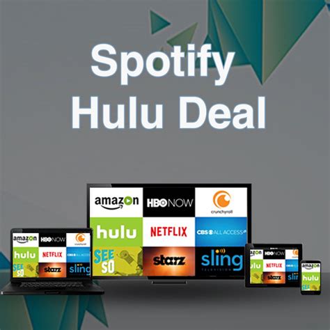 Hulu deal with spotify - Spotify with Hulu bundles include Hulu's ad-supported plan. At this time, you won’t be able to sign up or access the Hulu (No Ads) plan, Hulu + Live TV, or Premium Networks such as HBO, SHOWTIME, and Cinemax if you sign up for Hulu + Spotify. Spotify student : I just signed up for spotify student which has hulu as a service.